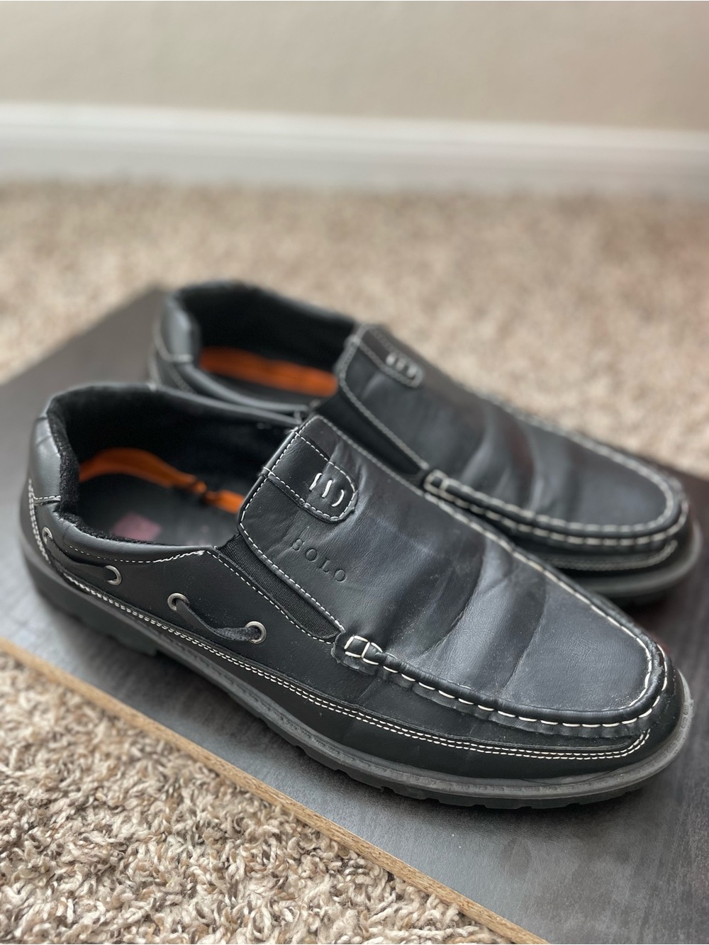 solo Black Leather Slip-On Moc Toe Loafers